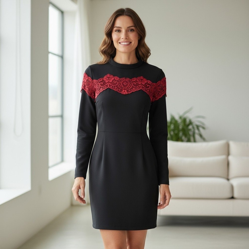 Sandro Paris Black Red Lace Trim Long‎ Sleeve Sheath Dress Size 1